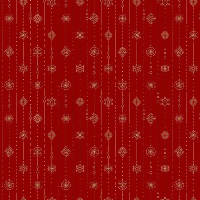 Shimmer Sparkle Gold Metallic Ornaments on Red Fabric Yardage