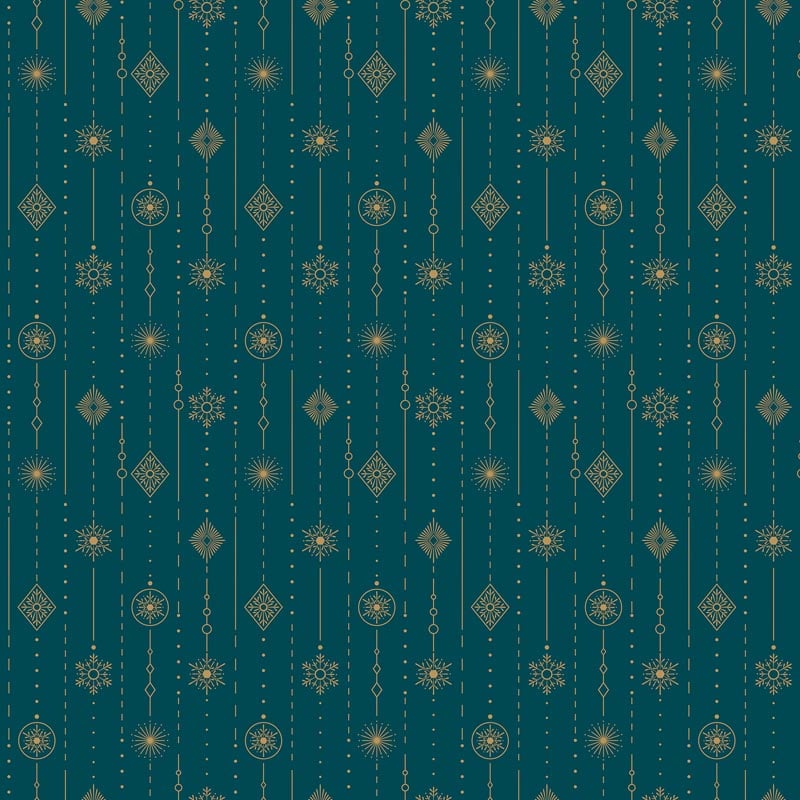 Shimmer Sparkle Gold Metallic Ornaments on Teal Fabric Yardage