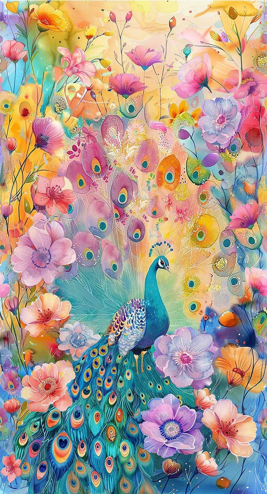 A vibrant illustration of a peacock with elaborate tail feathers among lush pink, purple, and blue flowers on a pastel background—the Timeless Treasures Wild Beauty Peacock Floral Panel is perfect for your next quilting project.