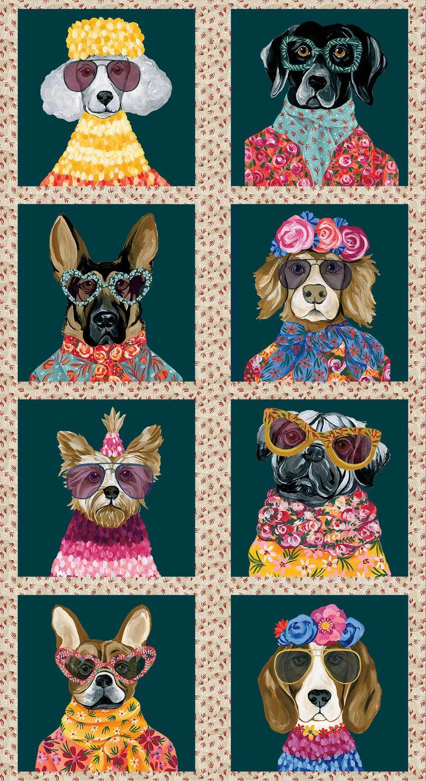 Pawsitively Chic Dogs Portrait Panel - quilt fabric panel for quilting projects