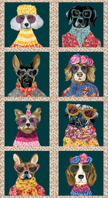Pawsitively Chic Dogs Portrait Panel - quilt fabric panel for quilting projects