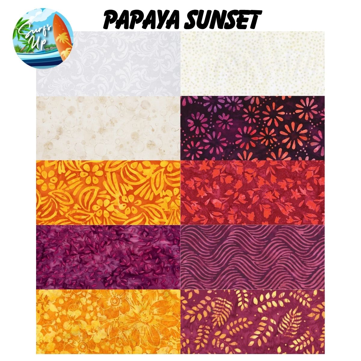 Quilted Joy’s Mystery Five-0 Mega Mystery Surfs Up Papaya Sunset Fabric Bundle includes twelve patterned batik squares in warm tones with floral, leaf, and abstract designs—perfect for your next quilting adventure!.