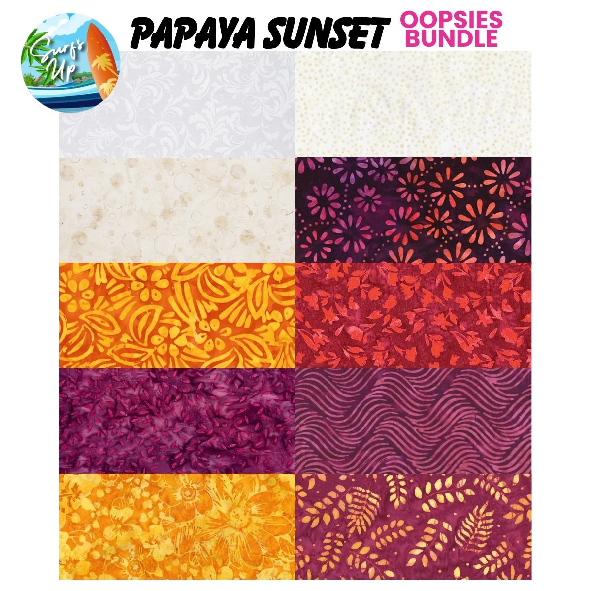 The Quilted Joy Mystery Five-0 Mega Mystery Papaya Sunset Oopsies! FQ Fabric Bundle features 12 floral, leaf, and wave fabric squares in warm white, yellow, orange, and purple—great for quilts or adding extra color. Includes Surf Up logo.