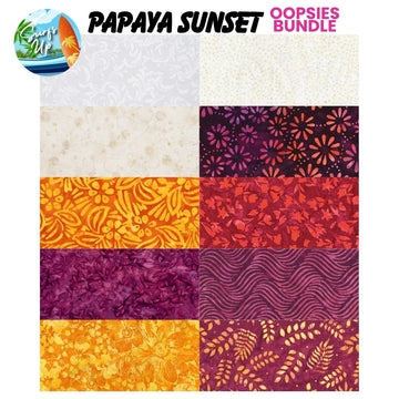The Quilted Joy Mystery Five-0 Mega Mystery Papaya Sunset Oopsies! FQ Fabric Bundle features 12 floral, leaf, and wave fabric squares in warm white, yellow, orange, and purple—great for quilts or adding extra color. Includes Surf Up logo.