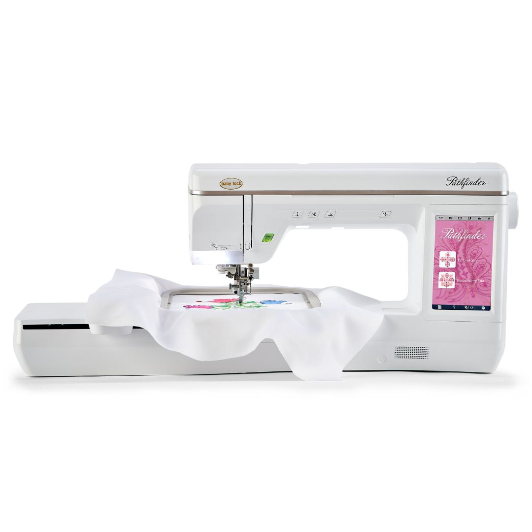A Baby Lock Pathfinder Dedicated Embroidery Machine FLOOR MODEL is shown stitching vibrant designs on white fabric, featuring a digital touchscreen display—an ideal choice for your next Black Friday Bonus Bundle.