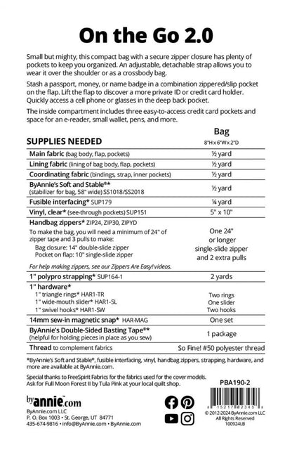 Instruction sheet for the On the Go 2.0 Quilt Pattern, detailing fabric types, supplies, quantities, features, barcode, company info, measurements, and difficulty. An ideal reference for making this practical travel bag.