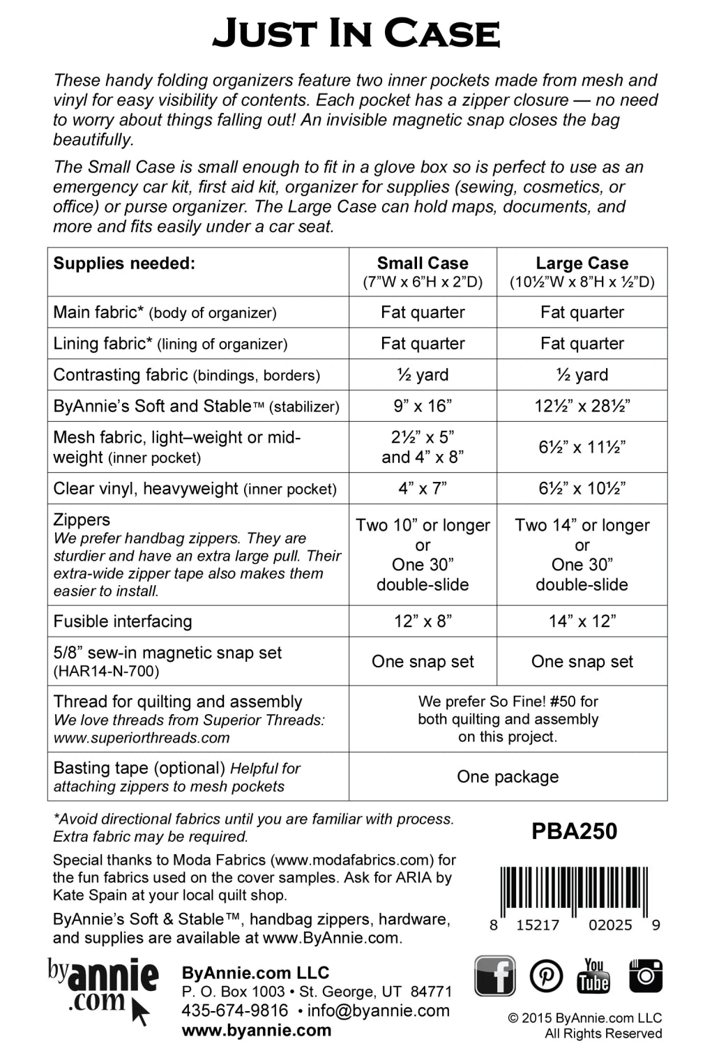 A product info sheet for the Just In Case Quilt Pattern by Checker Distributor lists case sizes, materials, yardages, zipper lengths, supplies needed for small/large cases, and includes both metric and imperial measurements.