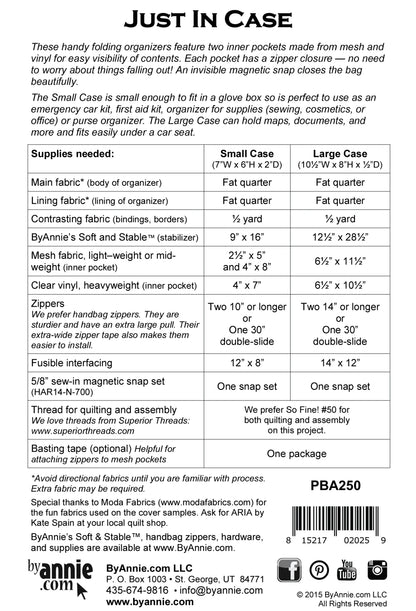 A product info sheet for the Just In Case Quilt Pattern by Checker Distributor lists case sizes, materials, yardages, zipper lengths, supplies needed for small/large cases, and includes both metric and imperial measurements.