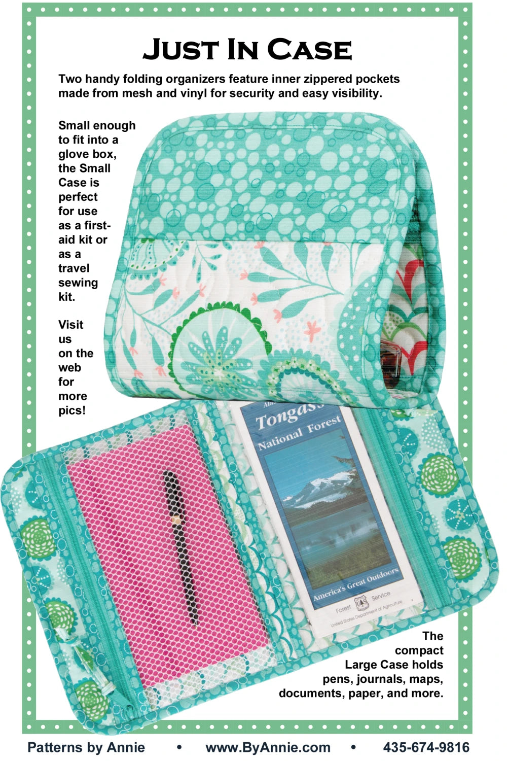 A teal floral folding organizer, made with the Checker Distributor Just In Case Quilt Pattern, is displayed open with zippered pockets for cards and pamphlets. Perfect for storing first-aid or sewing supplies, pens, journals, and maps.