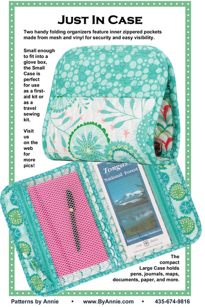 A teal floral folding organizer, made with the Checker Distributor Just In Case Quilt Pattern, is displayed open with zippered pockets for cards and pamphlets. Perfect for storing first-aid or sewing supplies, pens, journals, and maps.