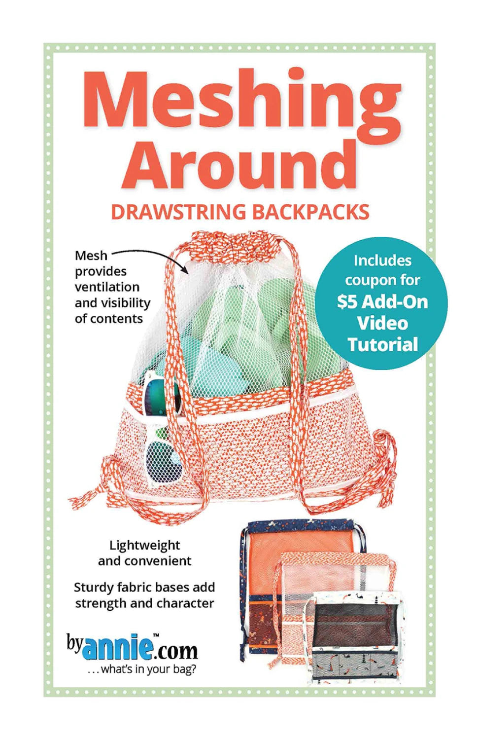 A promotional image for Checker Distributor’s Meshing Around Quilt Pattern displays a mesh bag with items, spotlighting features like ventilation, lightweight design, sturdy base, and a $5 add-on video tutorial coupon.