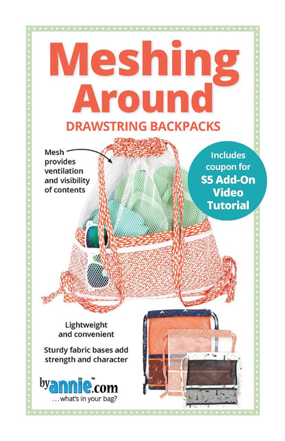 A promotional image for Checker Distributor’s Meshing Around Quilt Pattern displays a mesh bag with items, spotlighting features like ventilation, lightweight design, sturdy base, and a $5 add-on video tutorial coupon.