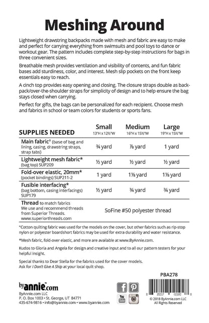 The Meshing Around Quilt Pattern by Checker Distributor includes instructions, a materials list, fabric suggestions, and notes on versatile mesh backpack projects—ideal for fans of practical sewing patterns.