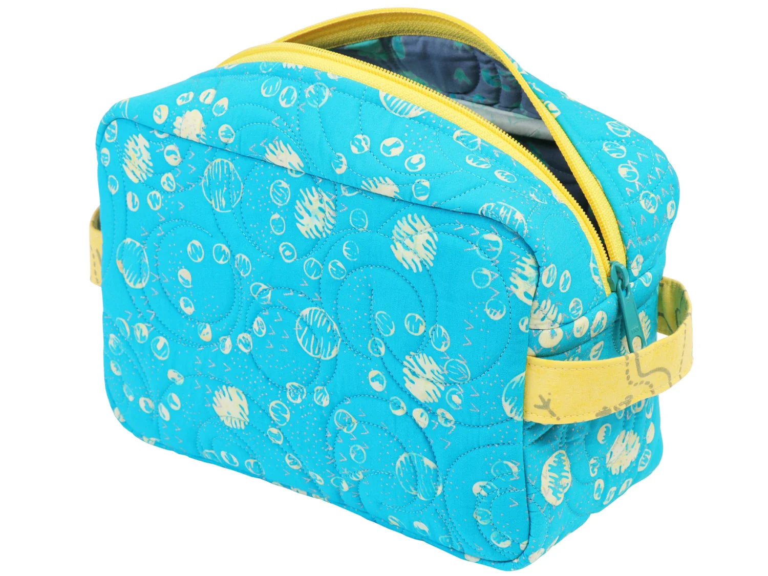 A vibrant blue By Annie Basics - Easy Does It bag from Quilted Joy, with a yellow zipper and handle plus white and yellow circles, sits on a white background—perfect for showing off your bag making class skills.