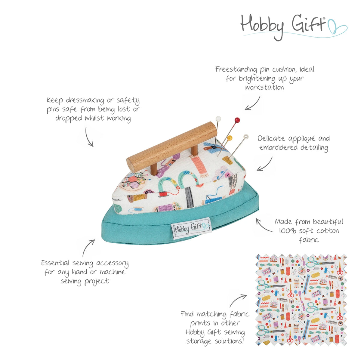 Hobby Gift iron pincushion infographic showing features and coordinating sewing notions fabric