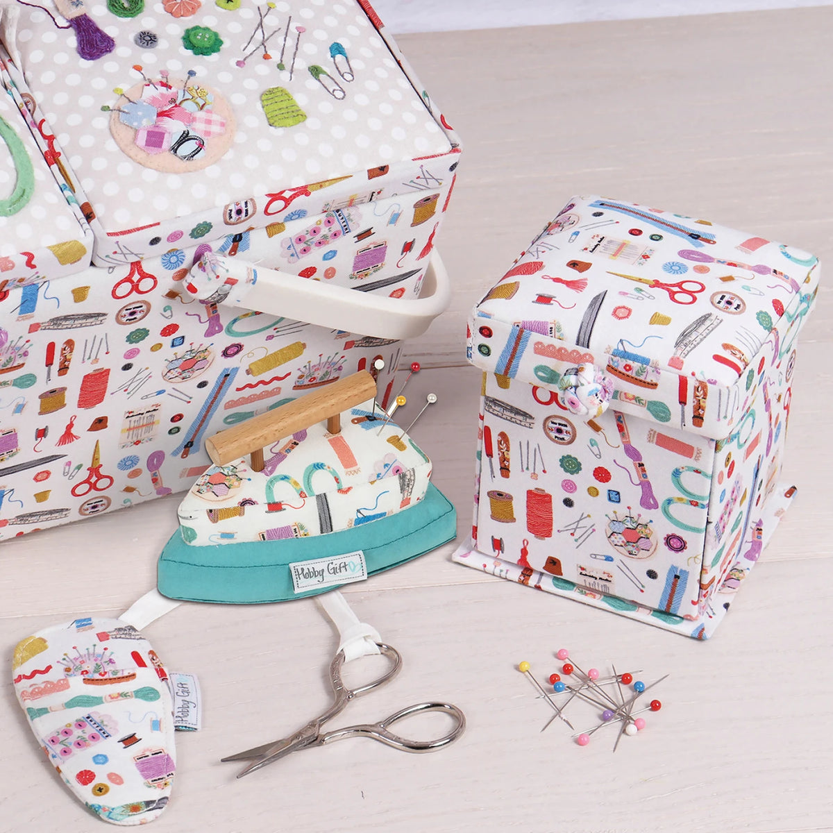 Hobby Gift iron pincushion displayed with coordinating sewing notions storage box and scissors