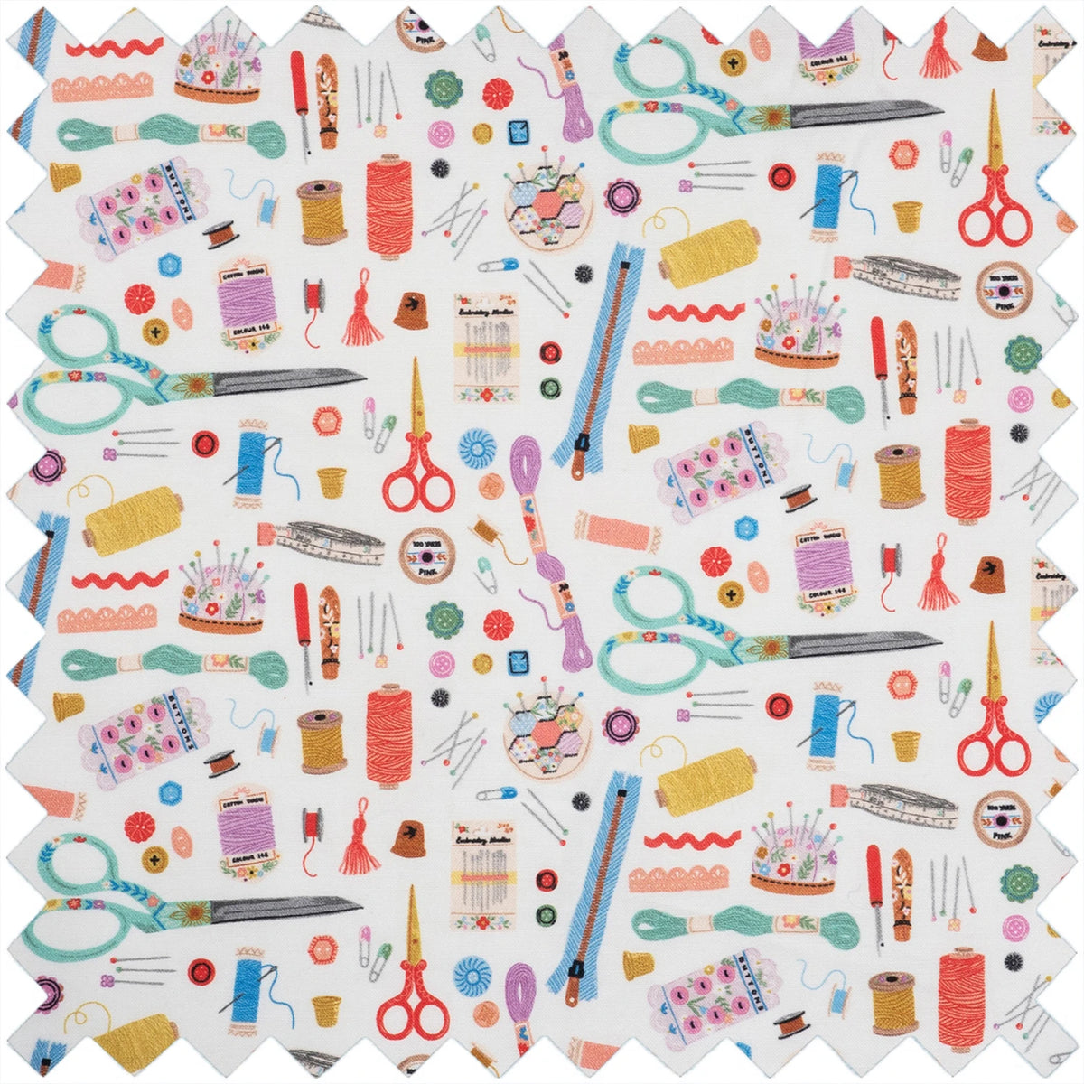 Sewing notions print fabric featuring scissors, thread spools, buttons, and thimbles on white
