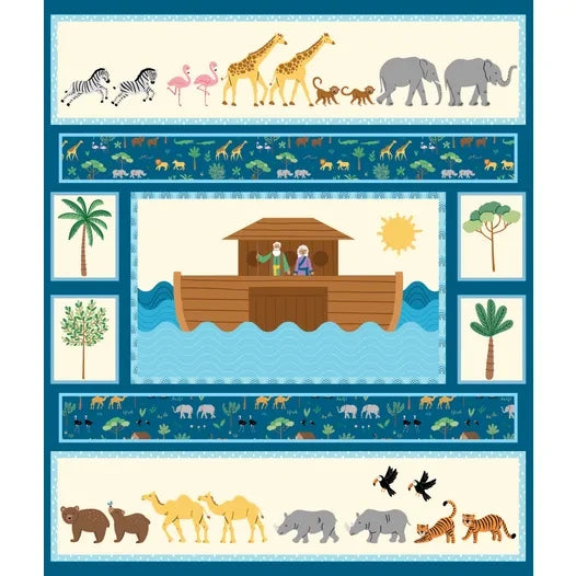 The Two by Two Panel by Riley Blake features an illustration of Noah’s Ark with pairs of animals, trees, sun, and water—an adorable nursery quilt panel perfect for your next project.