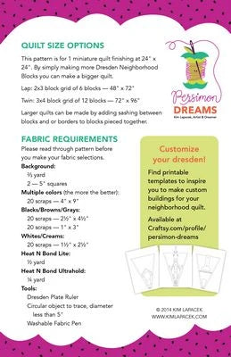 Informational sheet for the Dresden Neighborhood Mini Quilt Pattern by Brewer Sewing, including quilt sizes, fabric requirements, tips, a persimmon drawing, and a customizable suggestion inspired by this popular pattern.