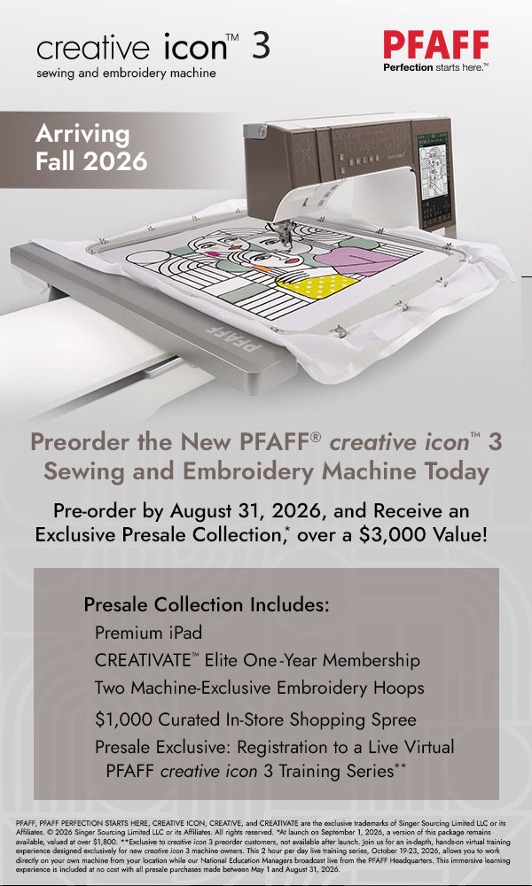 SVP promotional poster for the Pfaff Creative Icon 3 Sewing and Embroidery Machine, launching Fall 2026. Features preorder incentives and showcases the expanded embroidery area stitching a vibrant design.