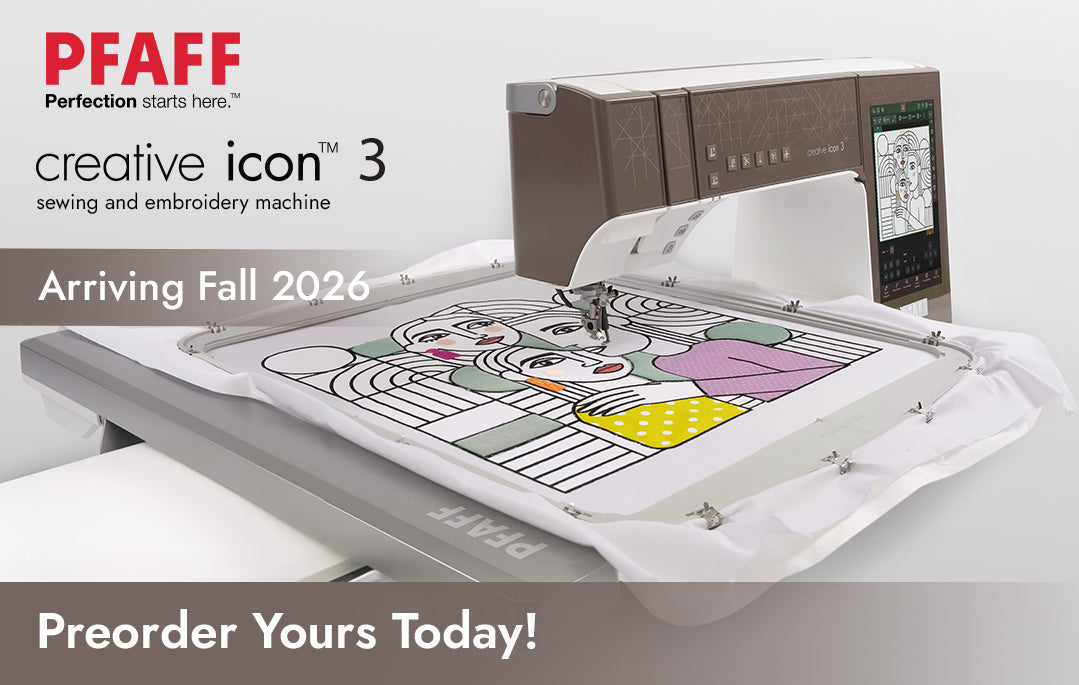 The SVP Pfaff Creative Icon 3 Sewing and Embroidery Machine stitches a vibrant abstract face on fabric, displaying its larger embroidery area. Text: Arriving Fall 2026. Preorder Yours Today!.