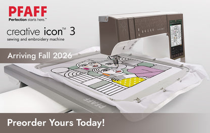 The SVP Pfaff Creative Icon 3 Sewing and Embroidery Machine stitches a vibrant abstract face on fabric, displaying its larger embroidery area. Text: Arriving Fall 2026. Preorder Yours Today!.