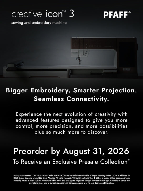 Promotional image for the SVP Pfaff Creative Icon 3 Sewing and Embroidery Machine, featuring its expanded embroidery area and highlighted features on a dark background; preorder available starting August 31, 2026.
