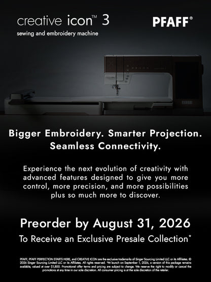 Promotional image for the SVP Pfaff Creative Icon 3 Sewing and Embroidery Machine, featuring its expanded embroidery area and highlighted features on a dark background; preorder available starting August 31, 2026.