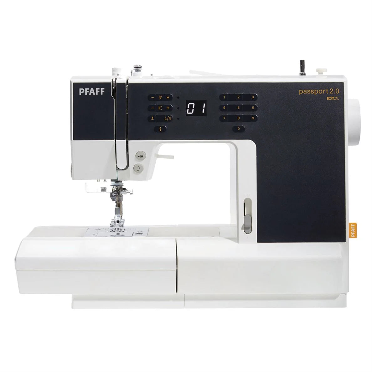 The SVP Pfaff Passport 2.0 is a compact sewing machine in white with a black control panel, digital display, buttons, and built-in sewing area—perfect for portable projects and easy storage.