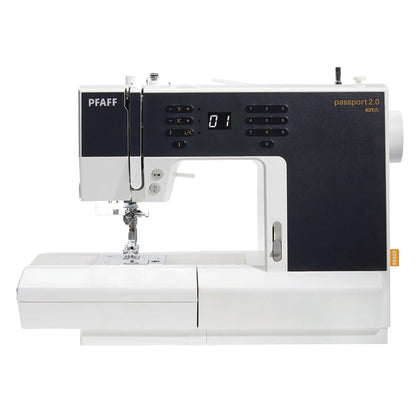 The SVP Pfaff Passport 2.0 is a compact sewing machine in white with a black control panel, digital display, buttons, and built-in sewing area—perfect for portable projects and easy storage.