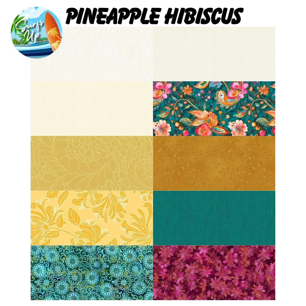 A grid of eight vibrant floral and abstract fabric swatches in teal, gold, yellow, and magenta from Quilted Joy’s Mystery Five-0 Mega Mystery Surfs Up Pineapple Hibiscus Bundle—perfect inspiration for your next quilt adventure.