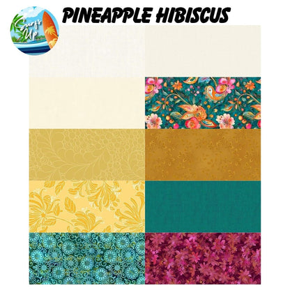 A grid of eight vibrant floral and abstract fabric swatches in teal, gold, yellow, and magenta from Quilted Joy’s Mystery Five-0 Mega Mystery Surfs Up Pineapple Hibiscus Bundle—perfect inspiration for your next quilt adventure.