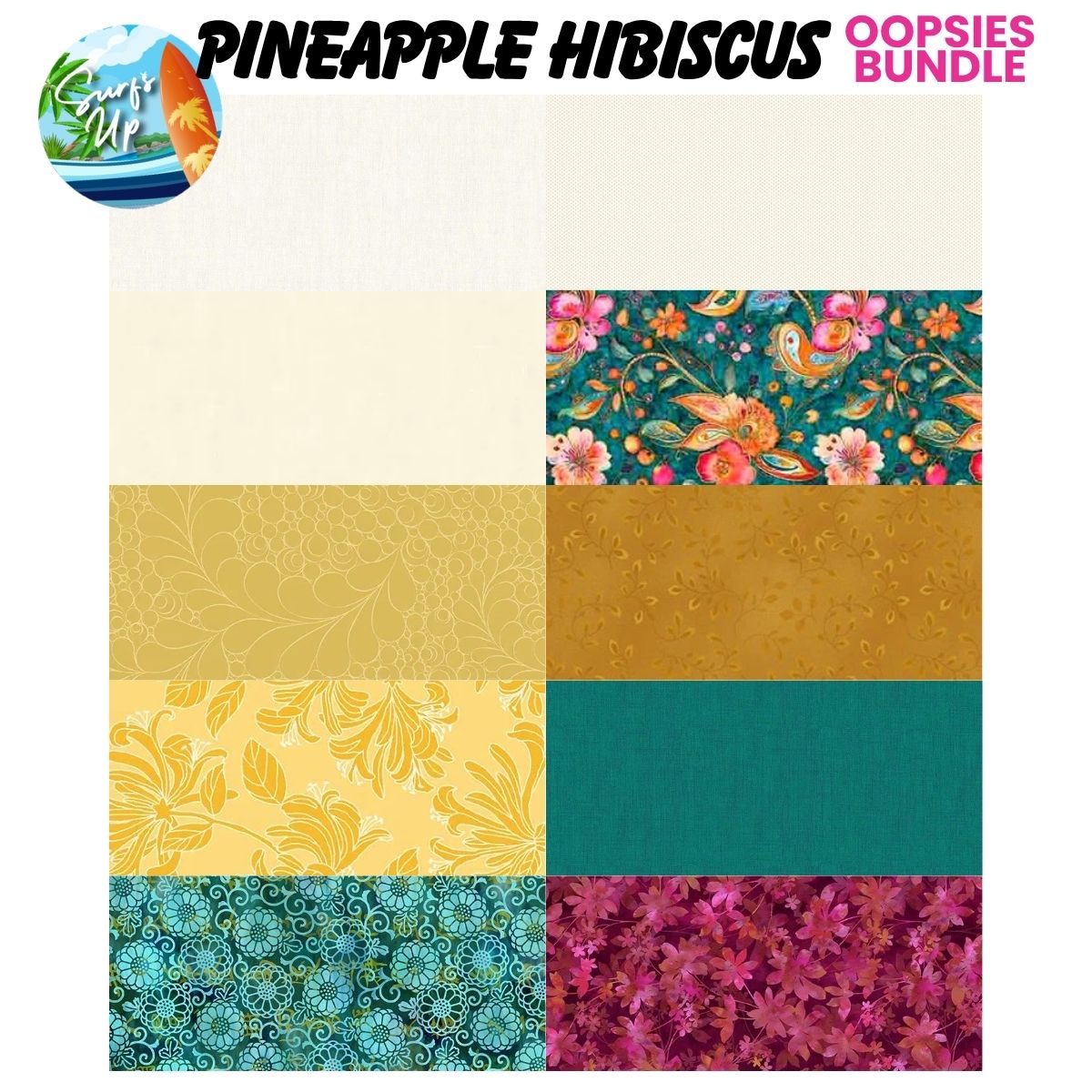 A digital collage shows eight fabric squares with tropical and floral prints in teal, yellow, gold, and pink. At the top is "Mystery Five-0 Mega Mystery Pineapple Hibiscus Oopsies! FQ Fabric Bundle" by Quilted Joy, with a beach-themed logo on the left.