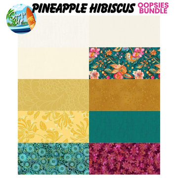 A digital collage shows eight fabric squares with tropical and floral prints in teal, yellow, gold, and pink. At the top is "Mystery Five-0 Mega Mystery Pineapple Hibiscus Oopsies! FQ Fabric Bundle" by Quilted Joy, with a beach-themed logo on the left.
