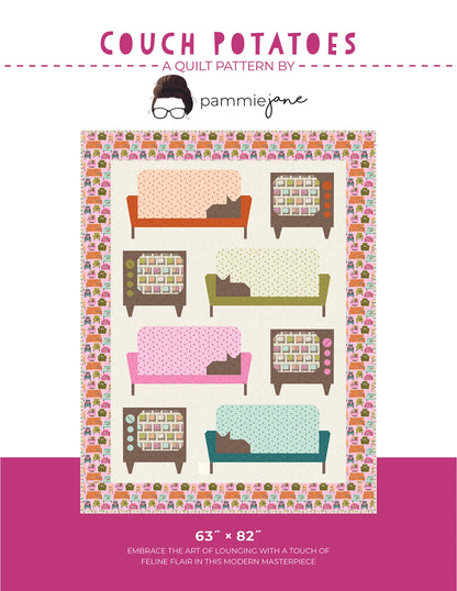 Couch Potatoes Quilt Pattern by Checker Distributor features colorful couches with cats, retro TVs, and a cat quilt border. Includes applique details; finished size 63" x 82".