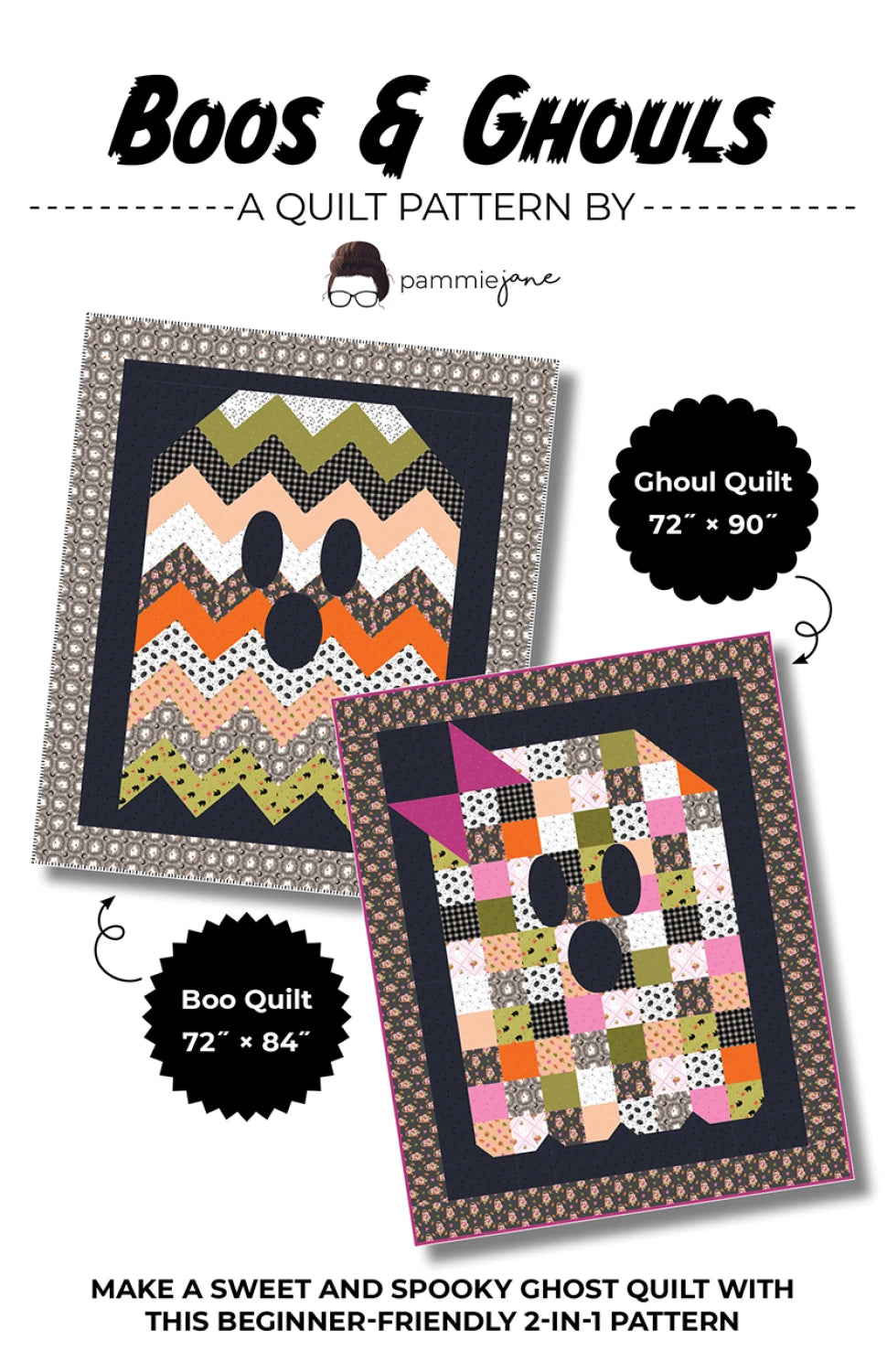 Boos and Ghouls Halloween quilt pattern cover with ghost patchwork design