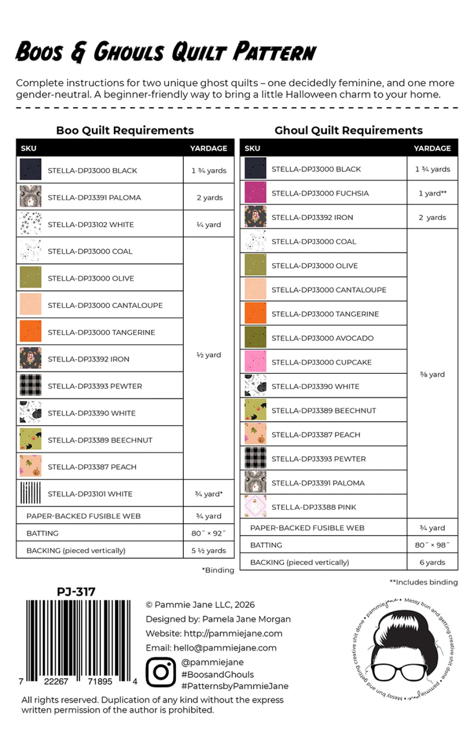 Boos and Ghouls Halloween quilt pattern back instructions and layout detail