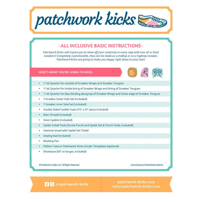The Patchwork Kicks White Shoe Kit by Checker Distributor includes an infographic with basic instructions, a materials checklist for custom sneakers, needed kits like a beginner sewing kit, and contact info at the bottom.