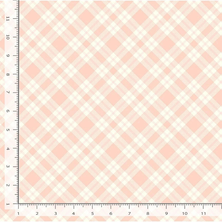 'Til the Cows Come Home Blush Bias Plaid Fabric Yardage by Timeless Treasures features a light pink and white plaid on the diagonal. Black centimeter rulers along the left and bottom edges help measure this charming quilting fabric.