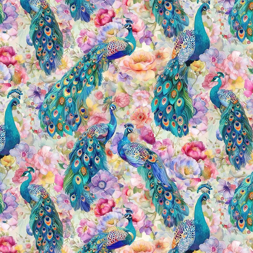 Wild Beauty Multi Peacocks on Floral Fabric Yardage by Timeless Treasures features vibrant green and blue peacocks with pink, yellow, and purple flowers—ideal for bold artistic projects or colorful quilting cotton.