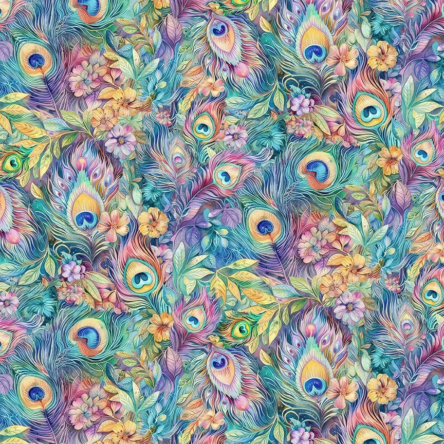 Wild Beauty Dream Fantasy Plumes & Floral Fabric Yardage by Timeless Treasures showcases colorful peacock plumes and vibrant flowers in blue, green, yellow, and pink—perfect for creating an ornate, lively fantasy quilt design.
