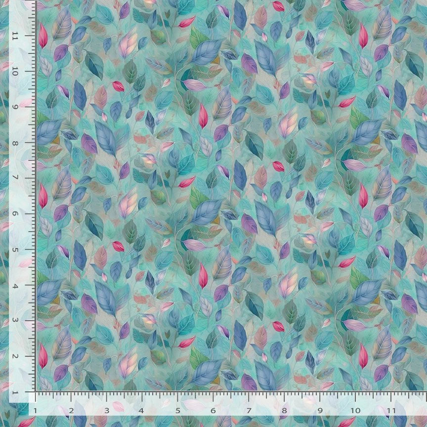 Wild Beauty Blue Leaves Fabric Yardage by Timeless Treasures features a watercolor-look leaf pattern in blue, teal, purple, and pink with inch ruler edges—perfect as a quilt background fabric.