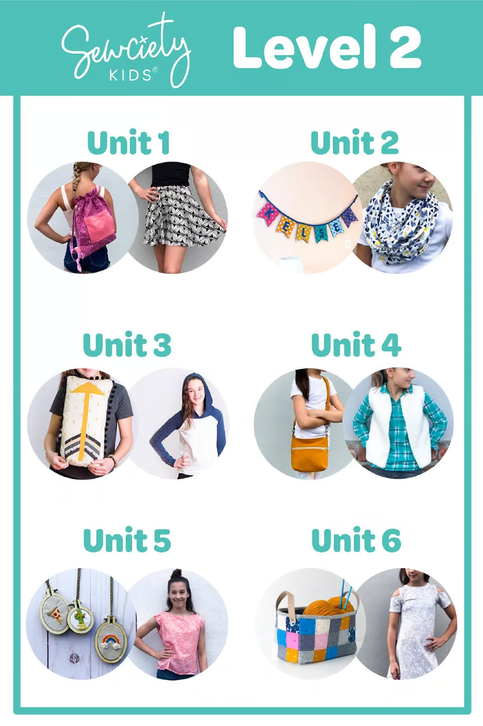 A sewing course poster titled Sewciety Kids Level 2 shows six units, each with a photo: a drawstring bag, a skirt, a fabric banner, an infinity scarf, a hoodie, a vest, embroidery hoops, a t-shirt, a fabric basket, and a dress.