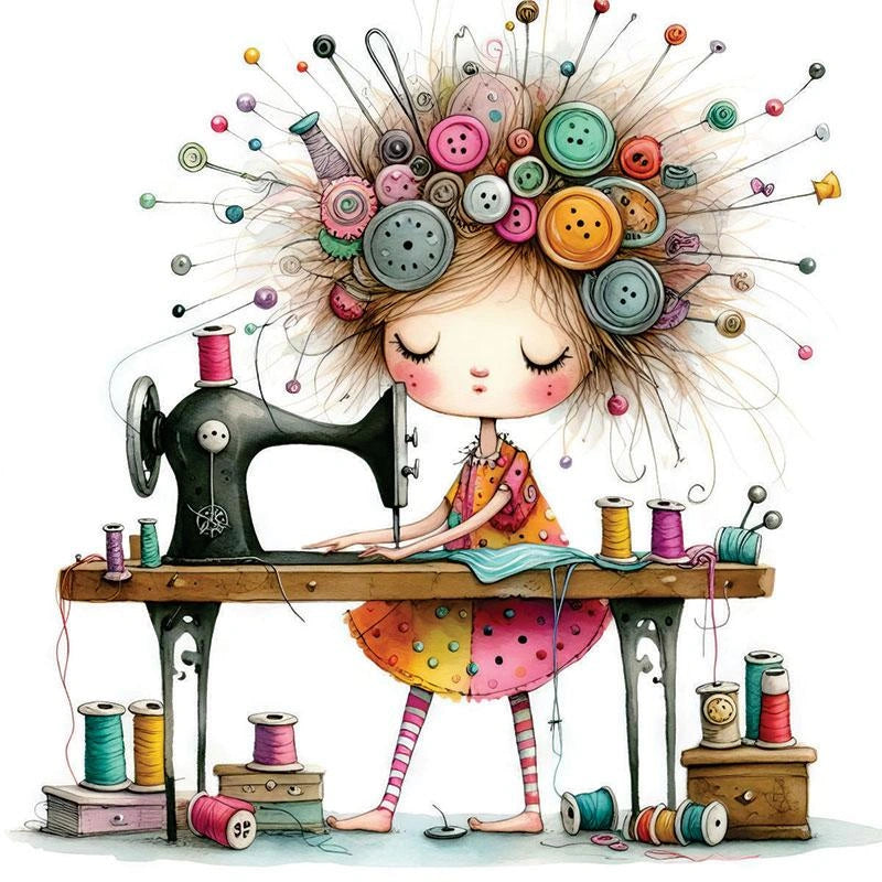 Pakaroo Sewing Girl Panel 7.5" x 7.5"