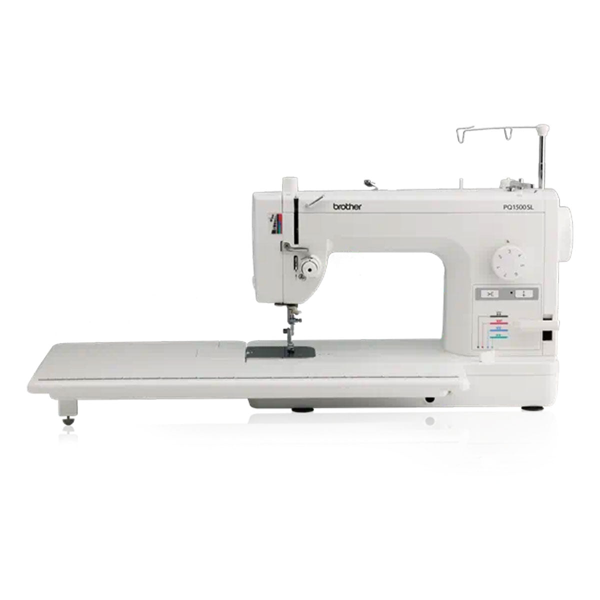 The Quilted Joy Brother PQ1500SL Sewing and Quilting Machine: PRE-LOVED features an extended flat table, adjustment dials, and thread holder for high-speed straight stitching—ideal for quilting and heavy-duty sewing tasks.