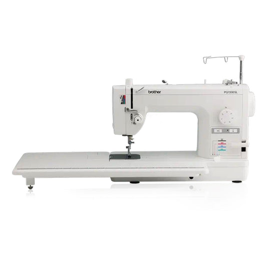 The Quilted Joy Brother PQ1500SL Sewing and Quilting Machine: PRE-LOVED features an extended flat table, adjustment dials, and thread holder for high-speed straight stitching—ideal for quilting and heavy-duty sewing tasks.