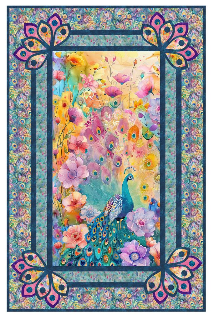 The Fanciful Feathers Quilt Kit - PRESALE by Quilted Joy features a colorful peacock among vibrant flowers, bordered by peacock feather motifs—perfect for handmade quilts in blue, pink, yellow, and green.
