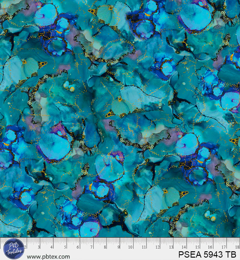 Painted Sea Teal Blue Water Clouds Fabric Yardage
