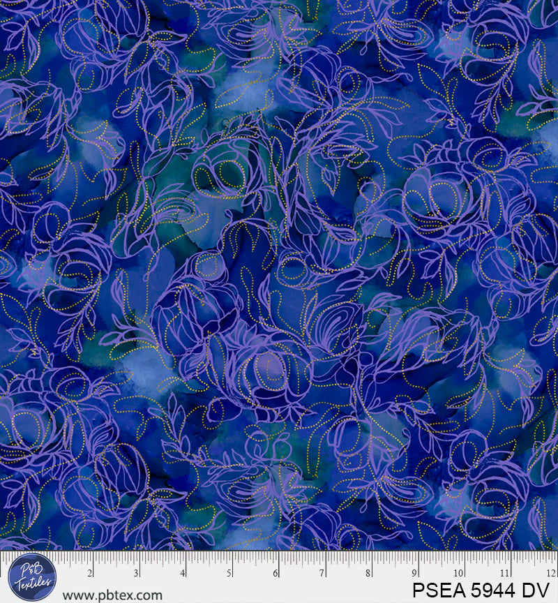 Painted Sea Dark Violet Floral Linework Fabric Yardage