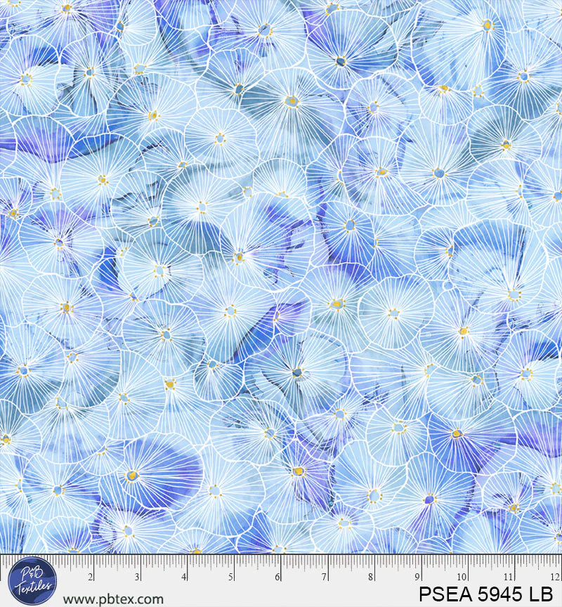 Painted Sea Light Blue Lined Anemones Fabric Yardage